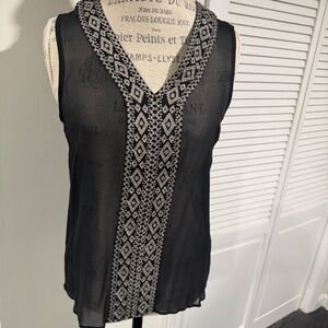 Sleeveless Black Sheer V-neck Top with Diamond Design Trim